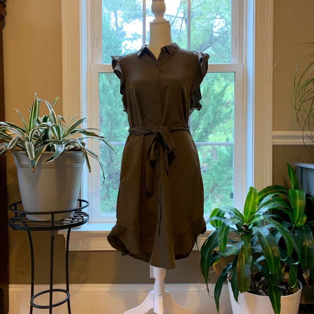 Express olive green ruffle sleeve dress